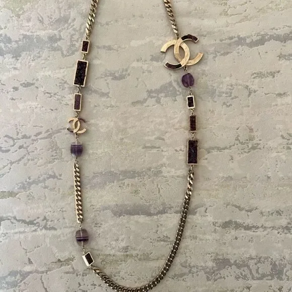 Chanel Y2K Gold Metal and Amethyst Curb Link Necklace Authentic - Picture 12 of 16